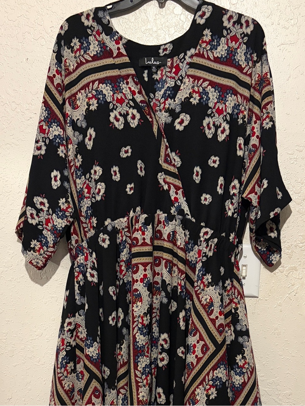 Lulu's Black Midi Dress with Red, Cream & Blue Floral Border